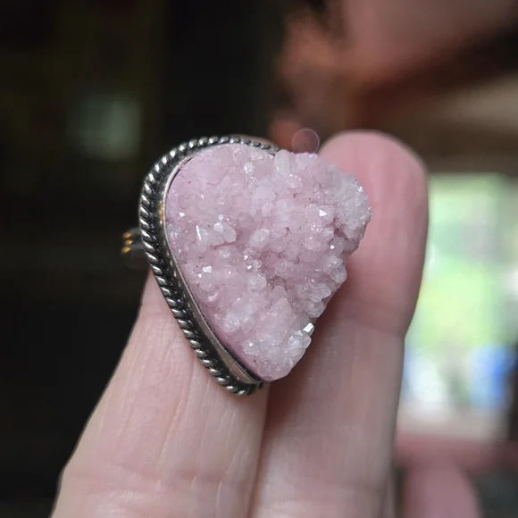 Vintage Style rose quartz Druzy sterling Ring sz8 - Picture 6 of 10